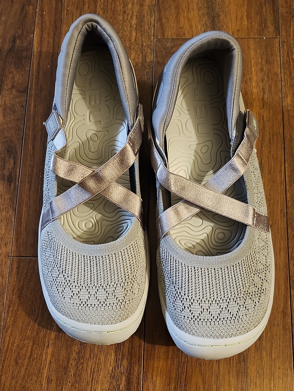 JBU Women's Light Taupe Knit Moccasins with Metallic Cross Straps